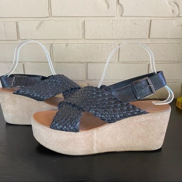Ecote Black Woven Suede Platform Wedge Sandals - Picture 1 of 6